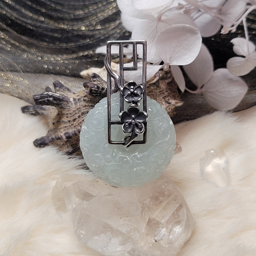 1182 晴水綠翡翠雕刻平安扣S925純銀吊墜