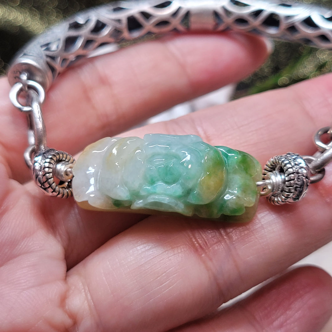 1209 A貨翡翠黃綠手牌銀半鐲