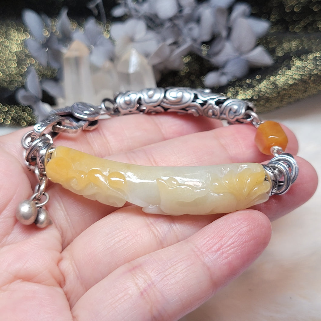 1213 A貨翡翠黃九尾手牌銀手鏈