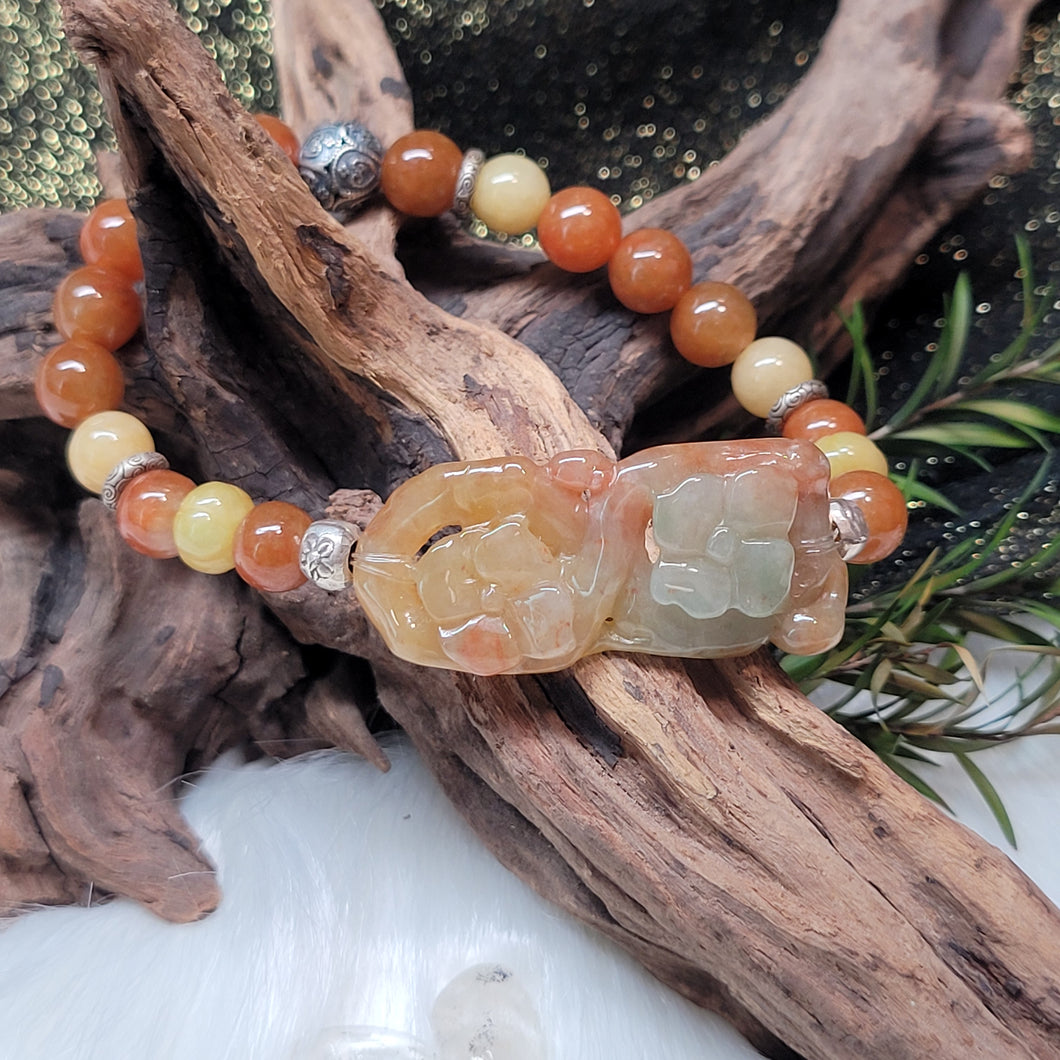 1203 A貨翡翠三彩鏤空雕刻花牌手串