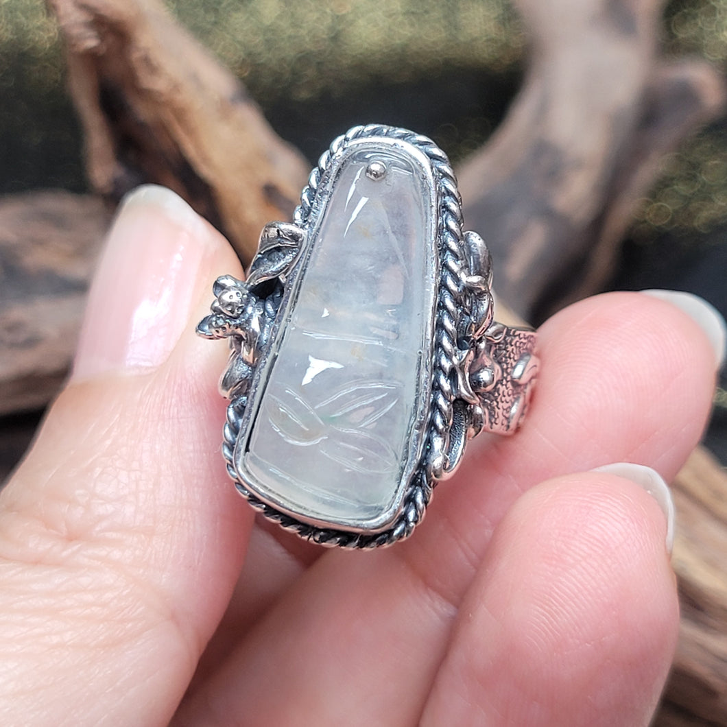 1301 A貨翡翠高冰竹節定製款925銀戒指