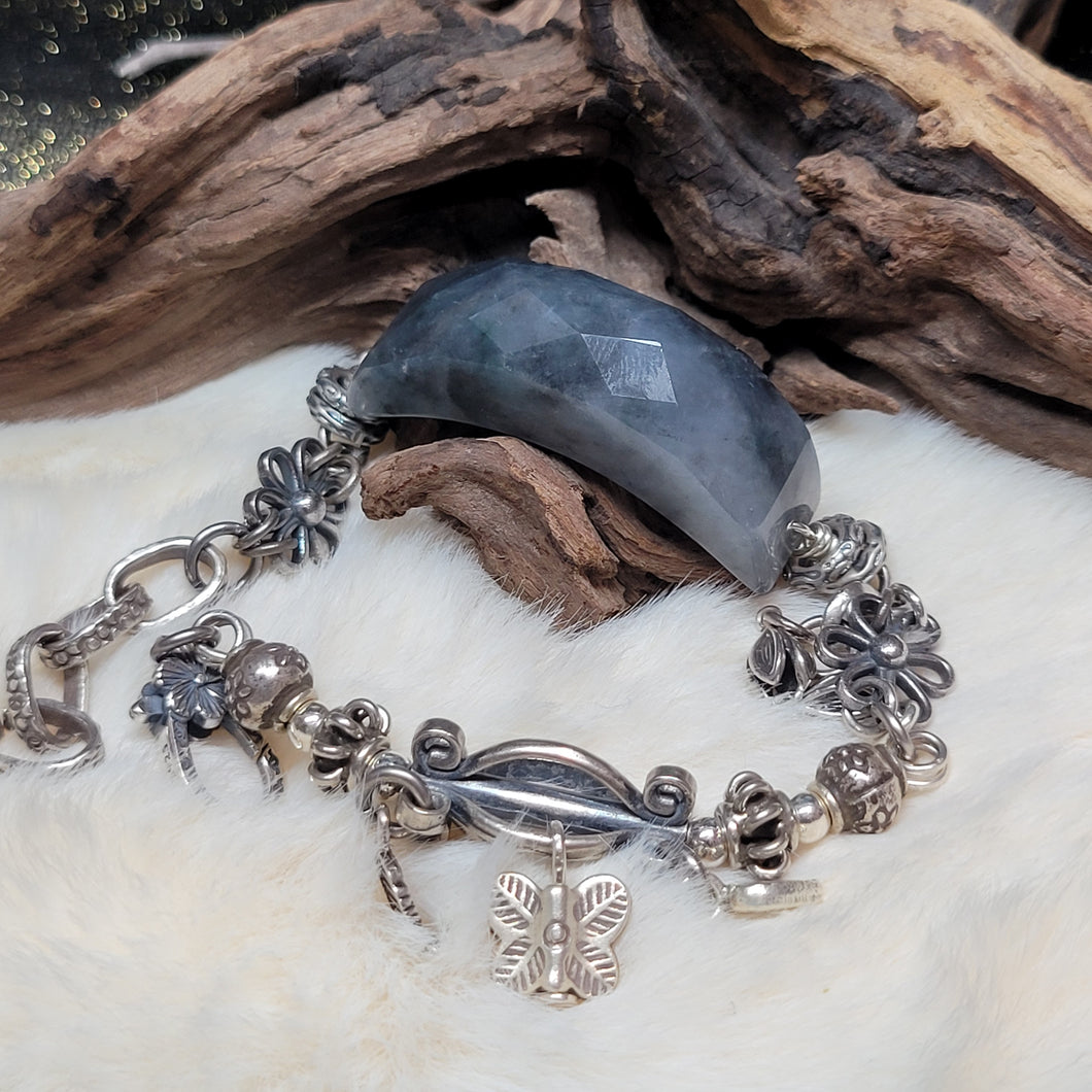 0624 緬甸A貨切面烏雞翡翠牌925銀手鏈