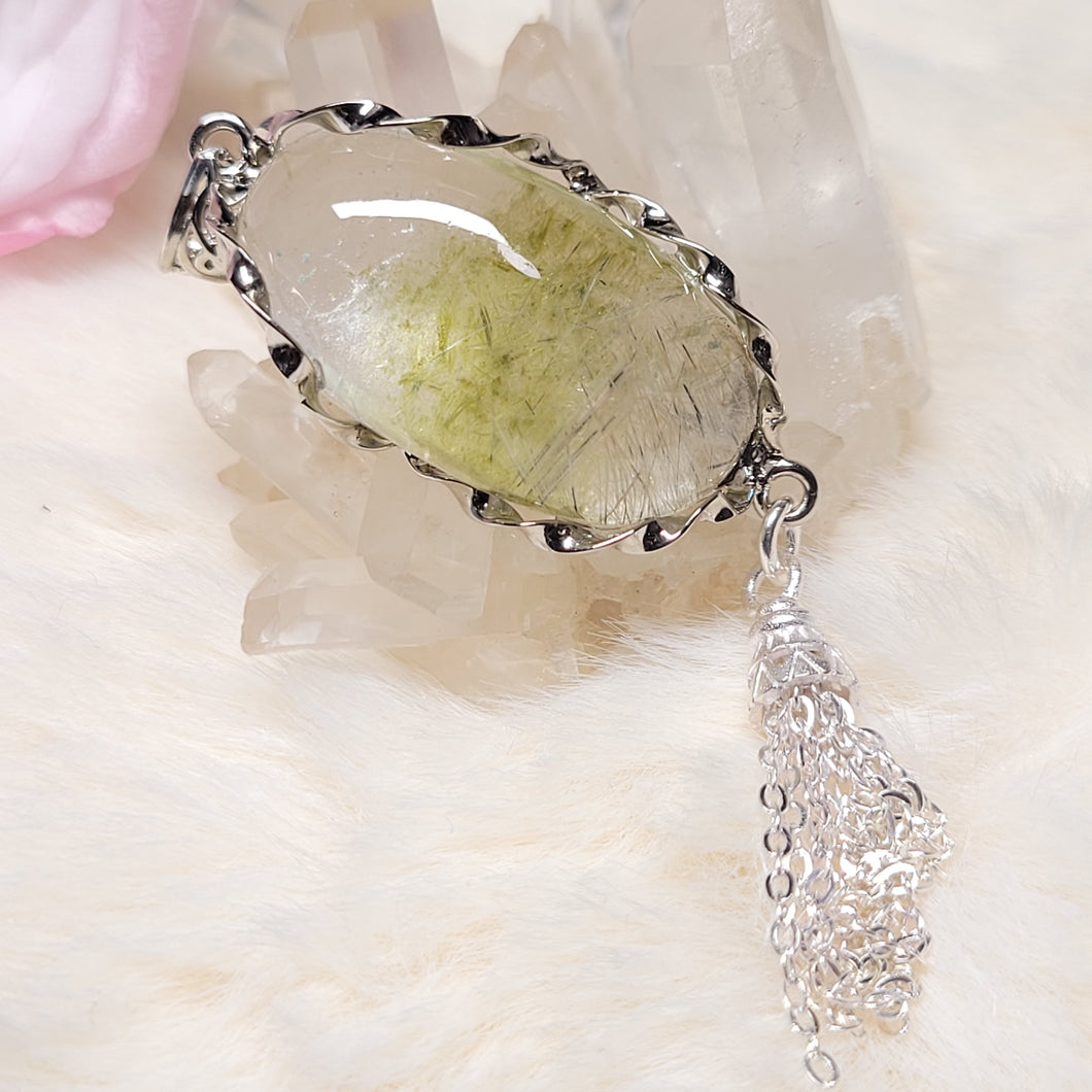 0505 青綠碧璽S925純銀包邊流蘇吊墜