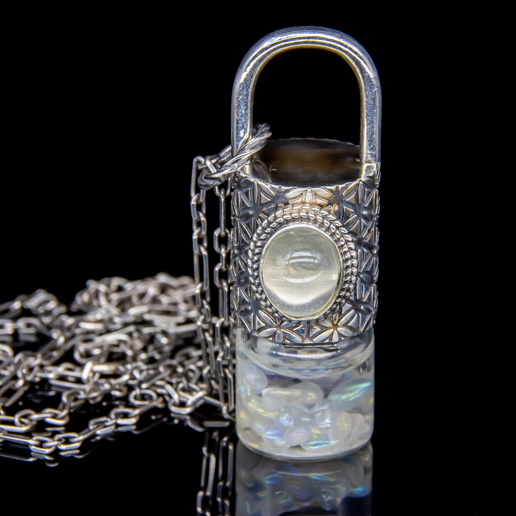 Spring Mini Rollerball Necklace Series - Green Moonstone on Flower of Life Pattern