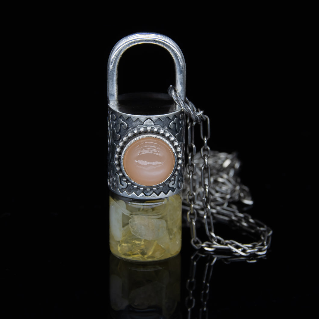 Spring Mini Rollerball Necklace Series - Peach Moonstone on Retro Pattern